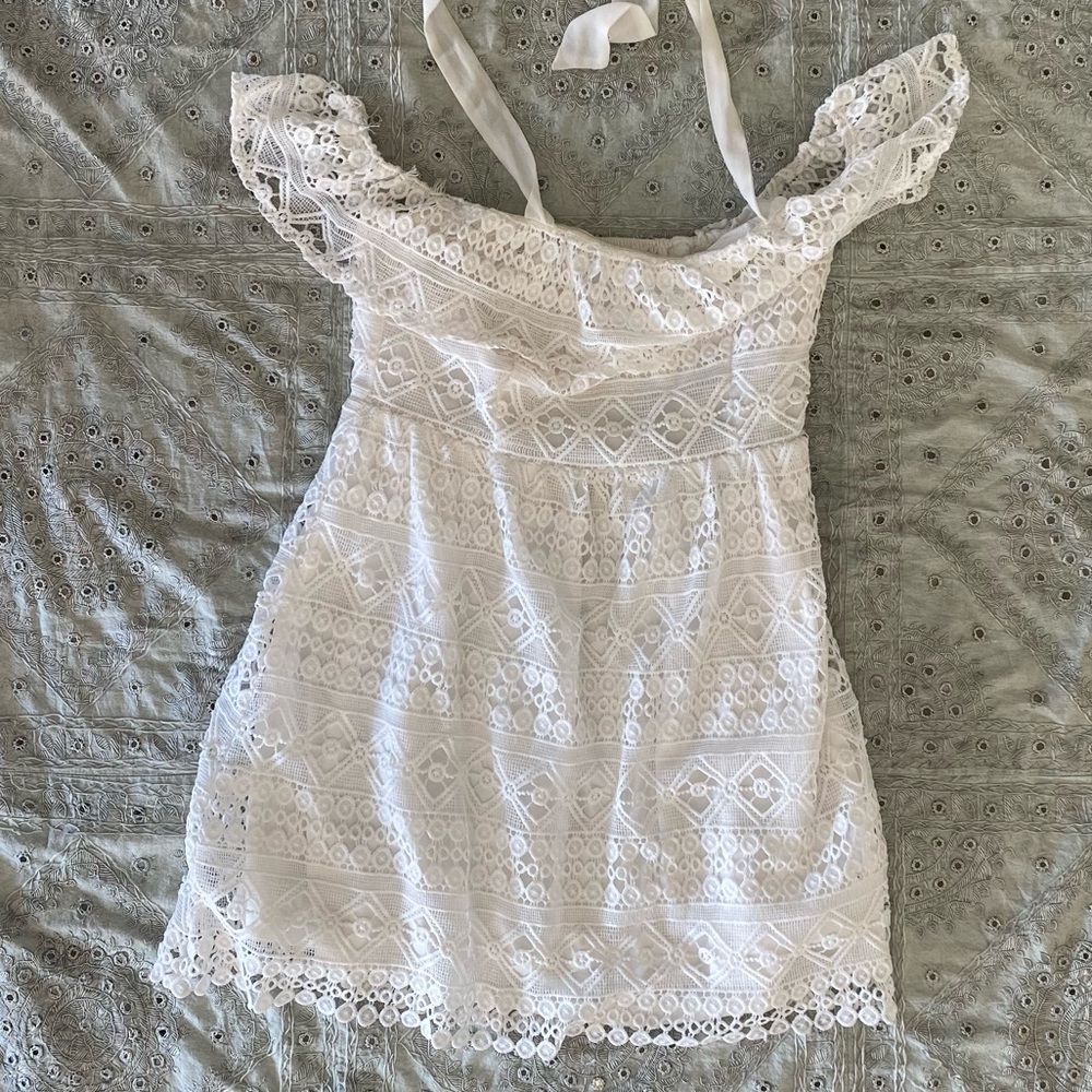 white crochet lace off the shoulder halter dress